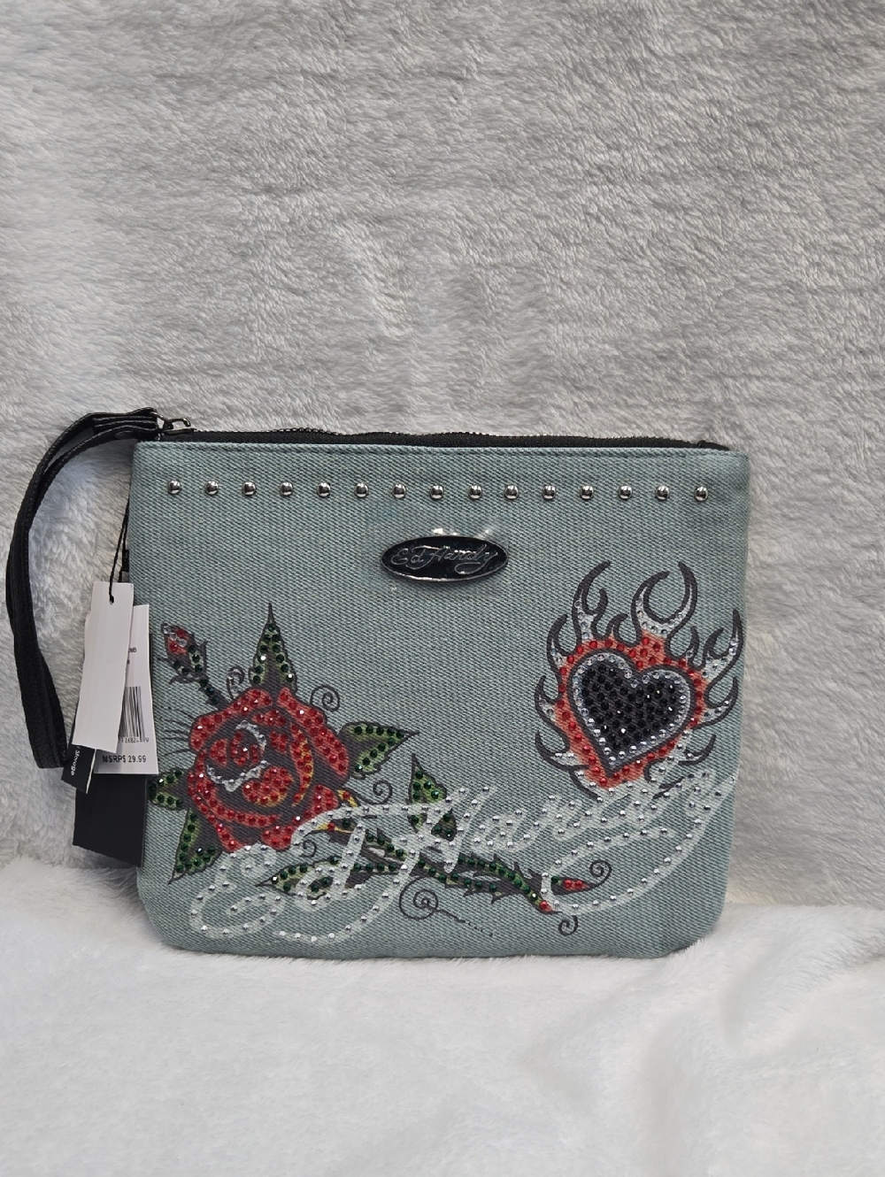 Ed Hardy Embellished Floral Heart Wristlet Nwt!